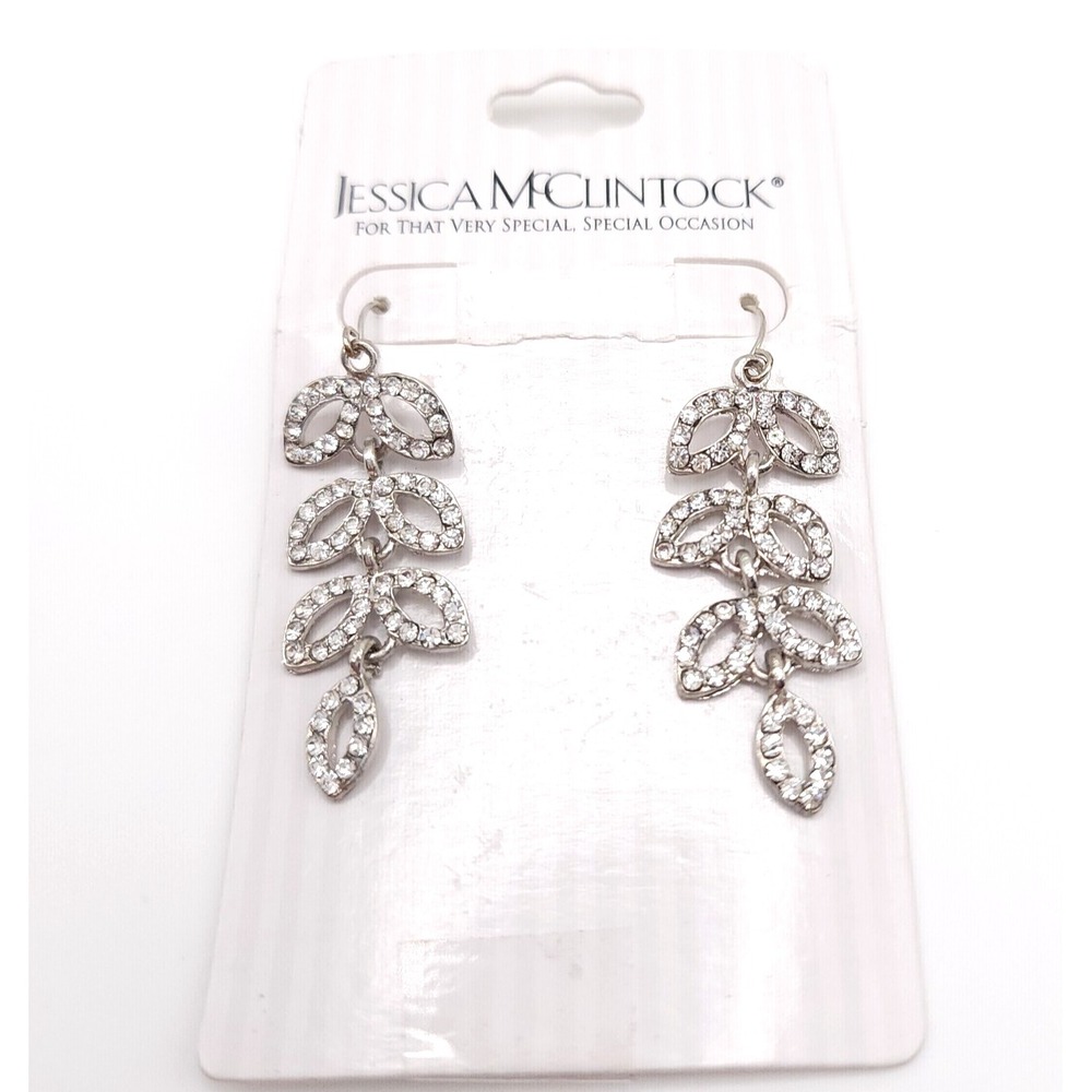 Jessica‎ McClintock Laurel Leaf Earrings Silver Rhinestone Drop